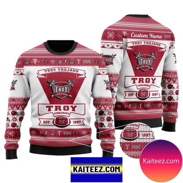 Troy Trojans Football Team Logo Custom Name Personalized Christmas Ugly Sweater