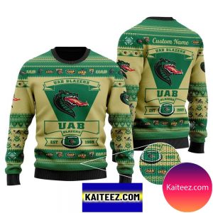 Uab Blazers Football Team Logo Custom Name Personalized Christmas Ugly Sweater