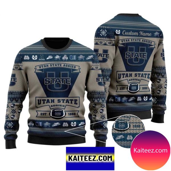 Utah State Aggies Football Team Logo Custom Name Personalized Christmas Ugly Sweater