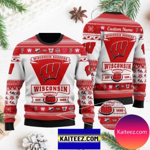 Wisconsin Badgers Football Team Logo Custom Name Personalized Christmas Ugly Sweater