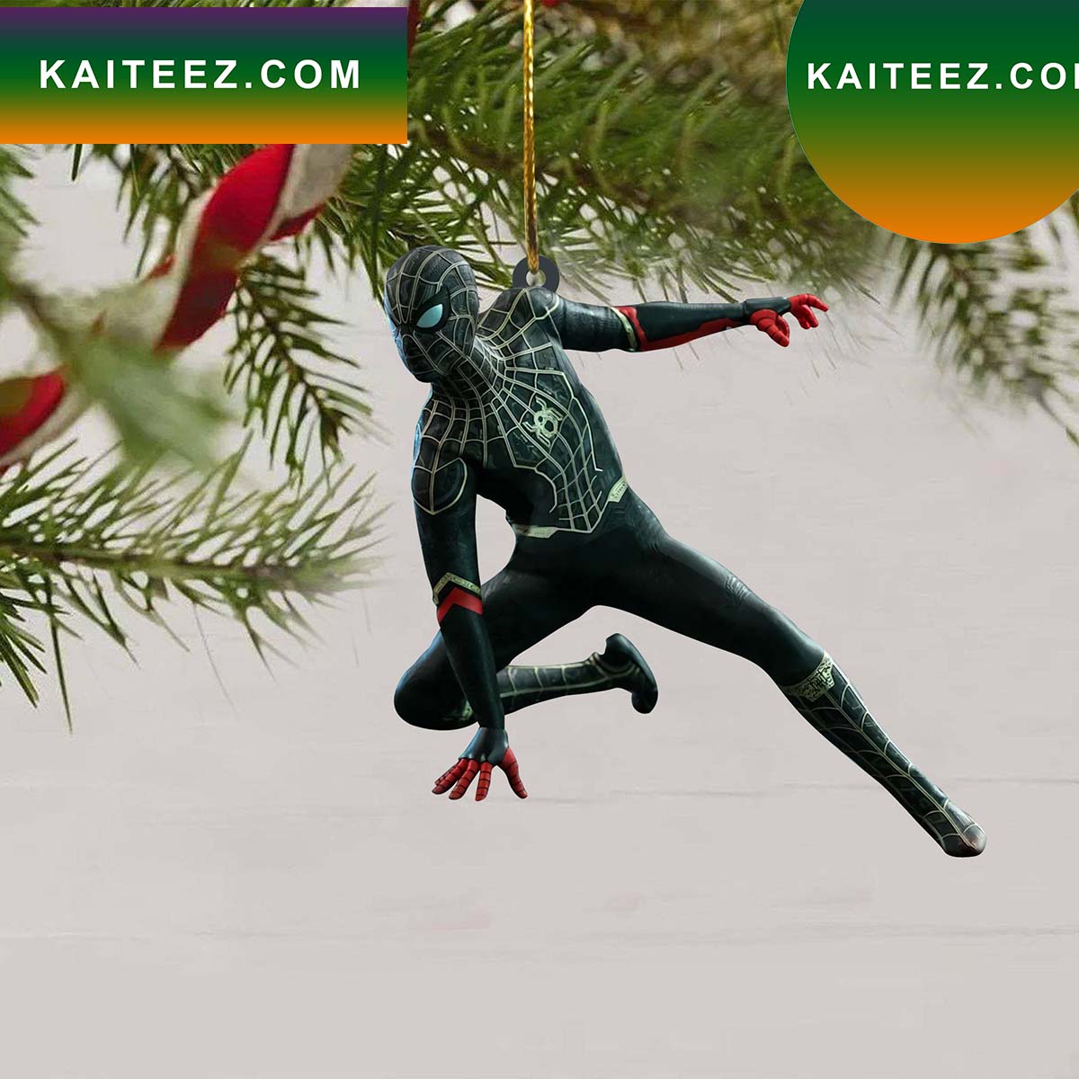 Black Spiderman fighting Christmas tree Christmas Ornament - Kaiteez