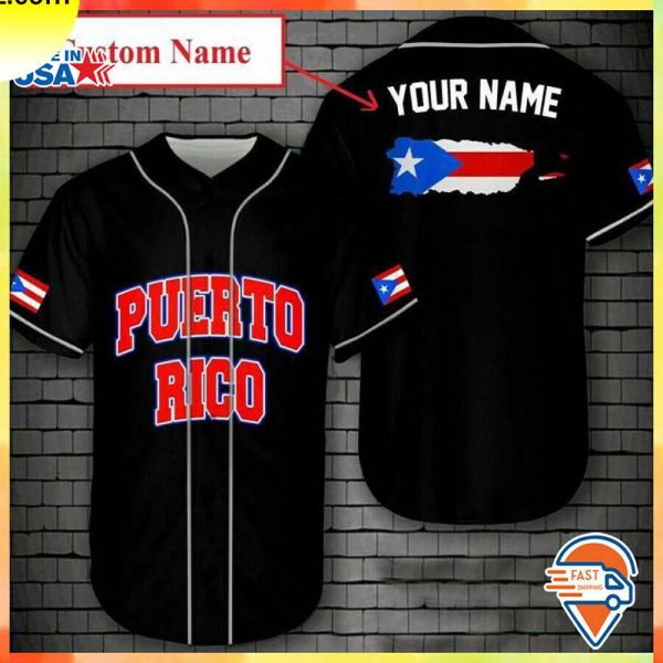 Custom Name Puerto Rico Flag Black Baseball Jersey