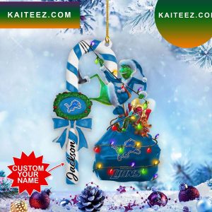 Detroit Lions NFL Custom Name Grinch Candy Cane Grinch Decorations Outdoor Ornament