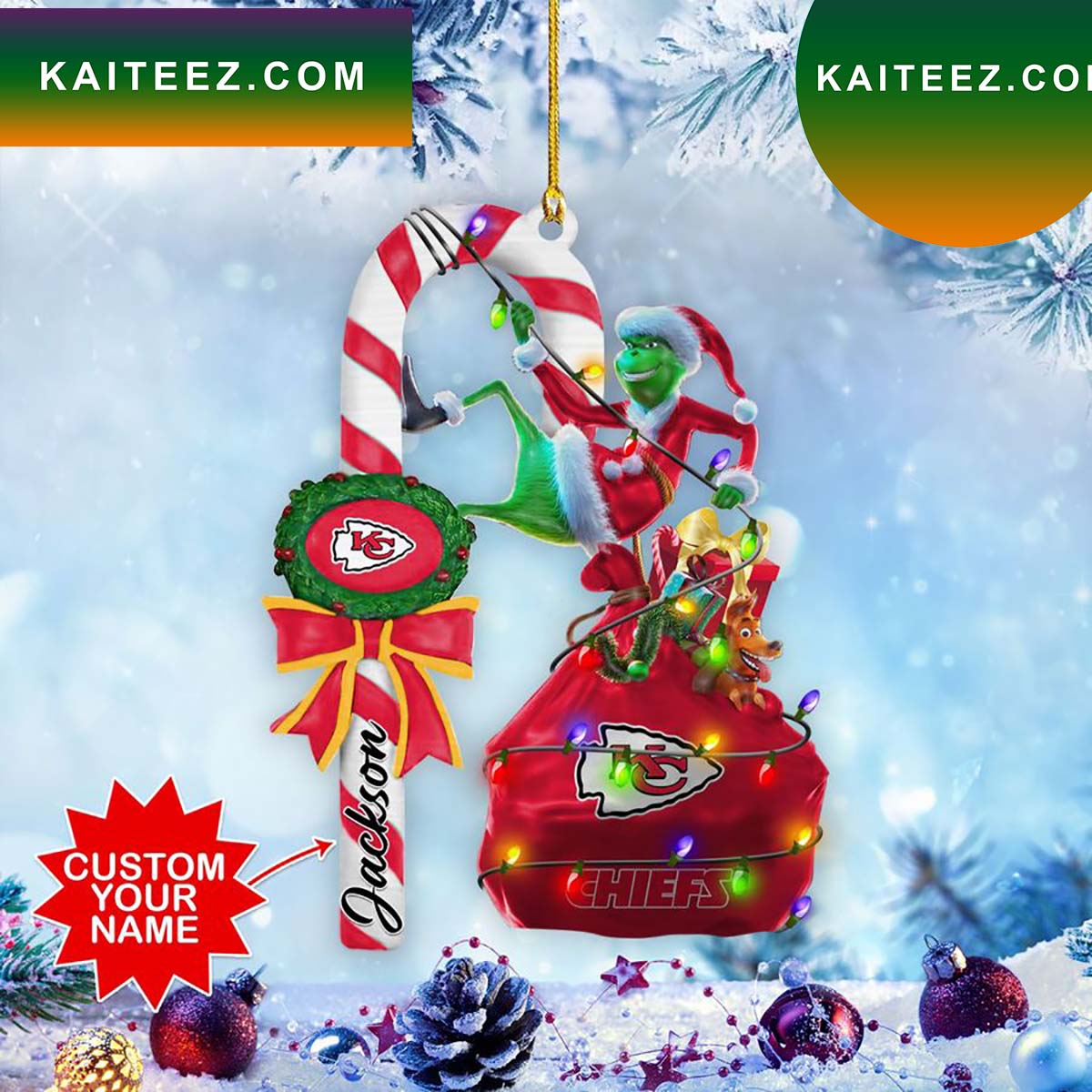 Kansas City Chiefs NFL Custom Name Grinch Candy Cane Grinch Decorations Outdoor Ornament