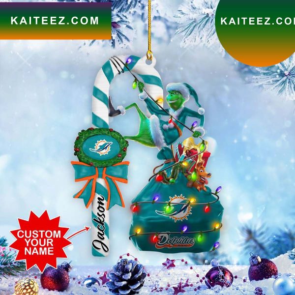 Miami Dolphins NFL Custom Name Grinch Candy Cane Grinch Decorations Outdoor Ornament