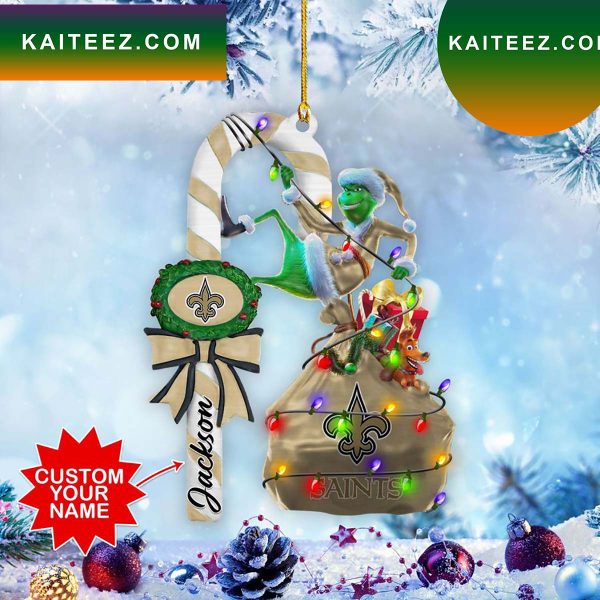 New Orleans Saints NFL Custom Name Grinch Candy Cane Grinch Decorations Outdoor Ornament
