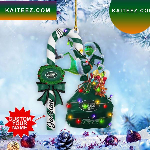 New York Jets NFL Custom Name Grinch Candy Cane Grinch Decorations Outdoor Ornament