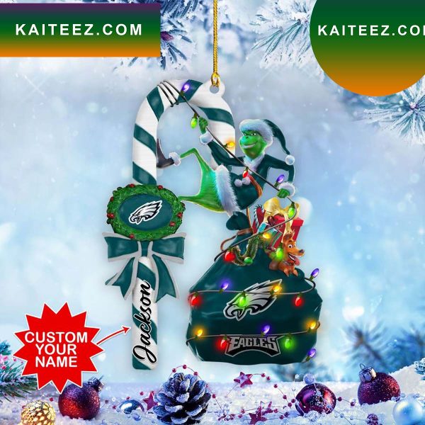 Philadelphia Eagles NFL Custom Name Grinch Candy Cane Grinch Decorations Outdoor Ornament