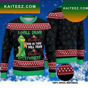 The Grinch I Will Drink CrownRoyal Here Or There I Will Drink CrownRoyal Everywhere Grinch Christmas Ugly Sweater