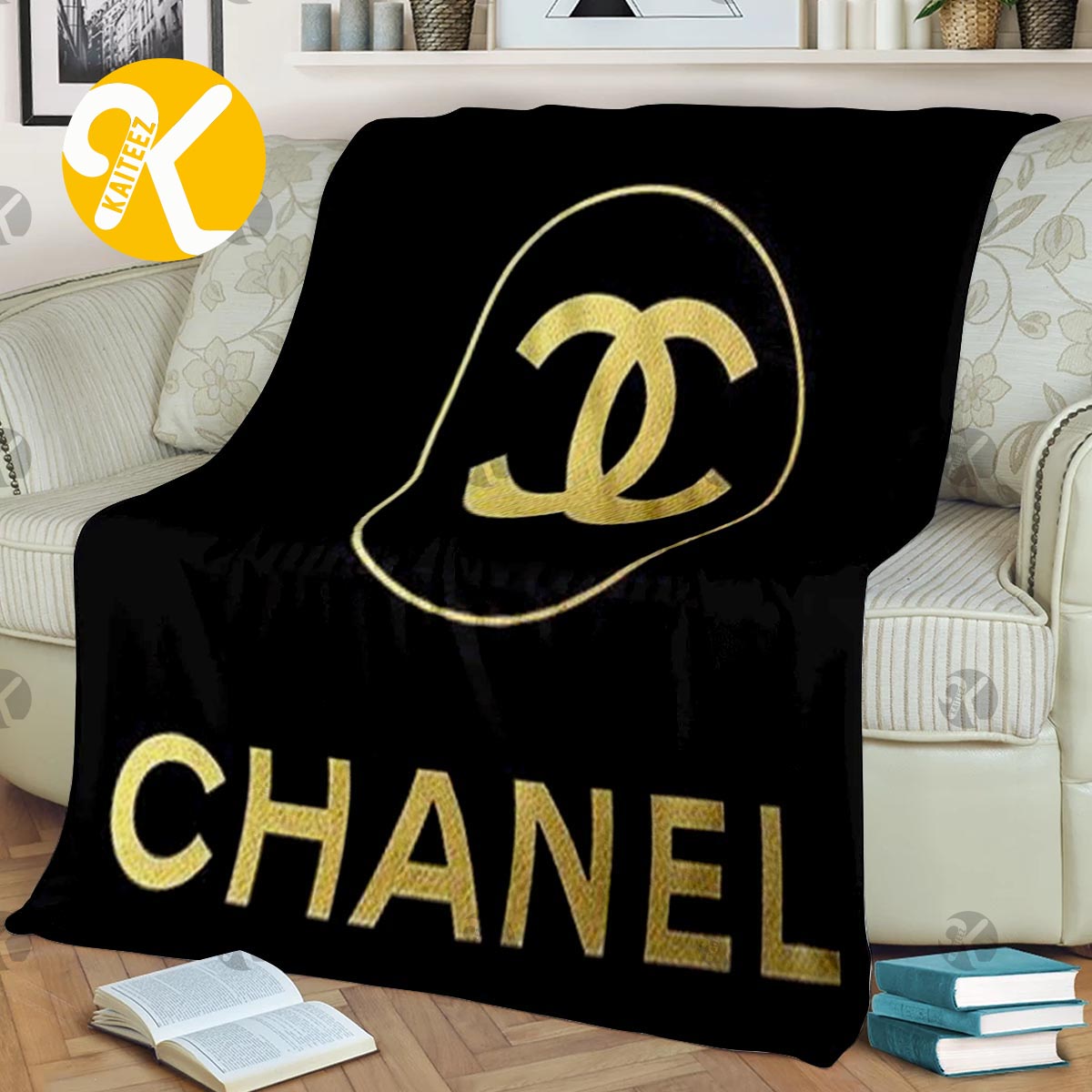 Chanel Big Golden Logo In Black Background Basic Blanket - Kaiteez