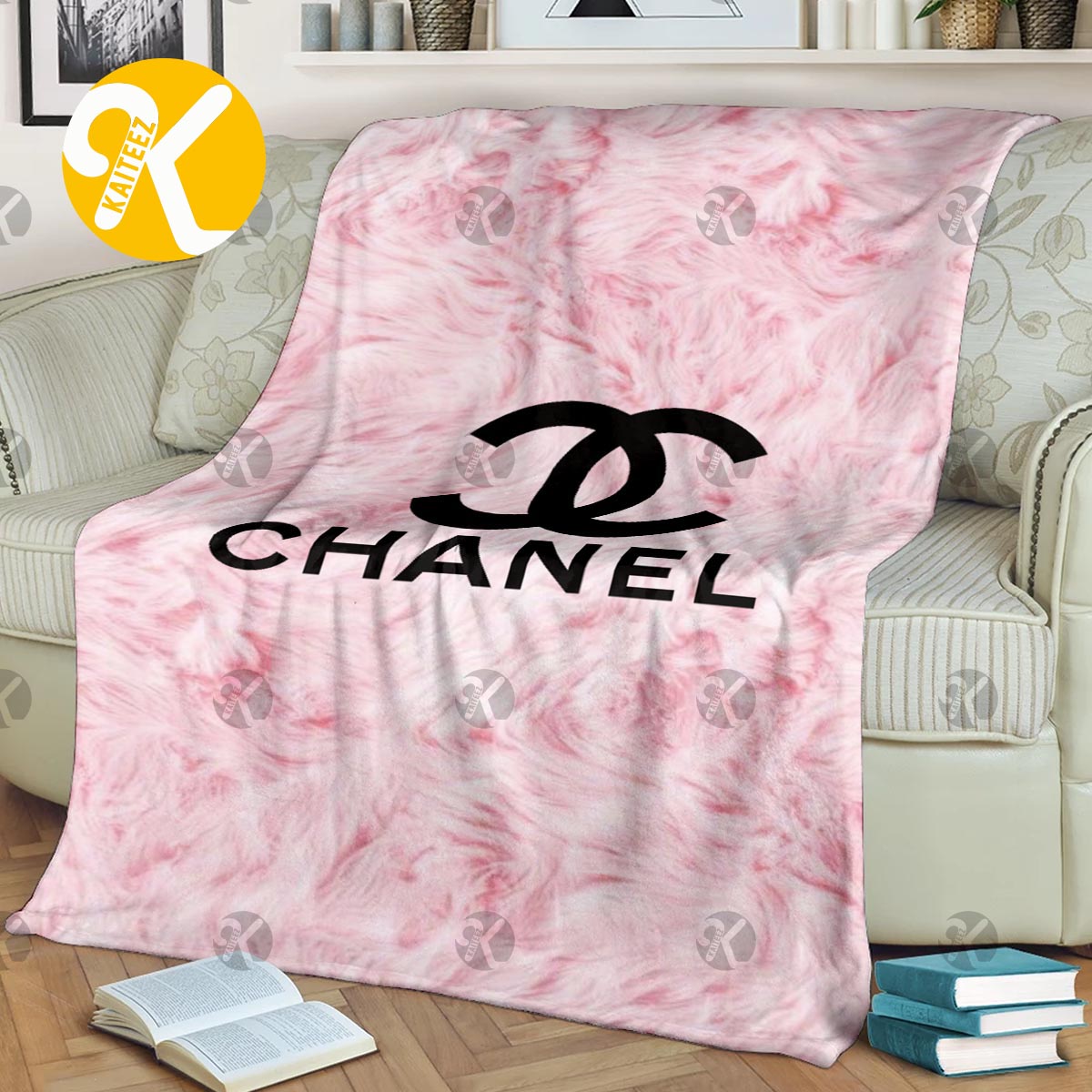 Chanel Big Logo In Baby Pink Feather Background Effect Blanket - Kaiteez