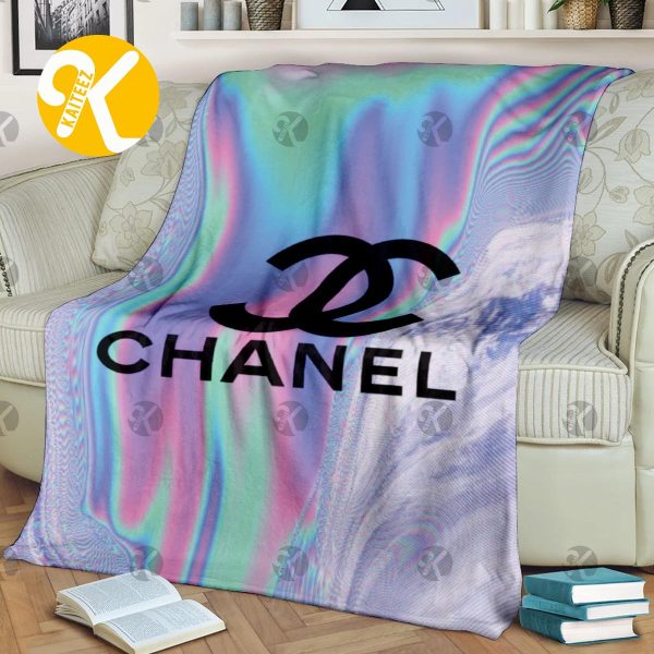 Chanel Big Signature Logo In Colorful Hologram Background Effect Blanket
