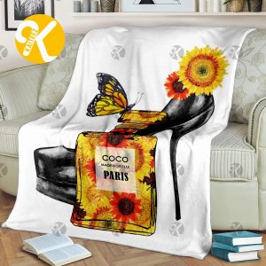 Chanel High Heel Shoe And No.5 Sunflower Perfume Bottle In White background Blanket