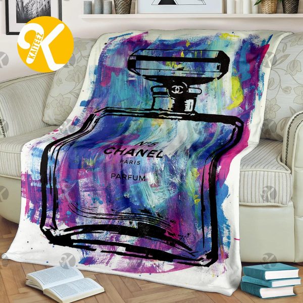 Chanel No.5 Big Perfume With Blue Watercolor Artwork In White Background Blanket