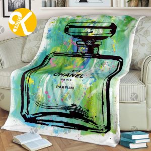 Chanel No.5 Big Perfume With Green Watercolor Artwork In White Background Blanket