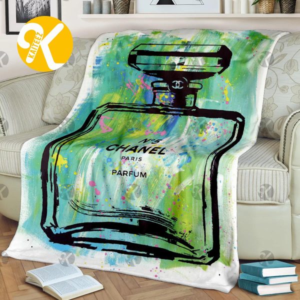 Chanel No.5 Big Perfume With Green Watercolor Artwork In White Background Blanket