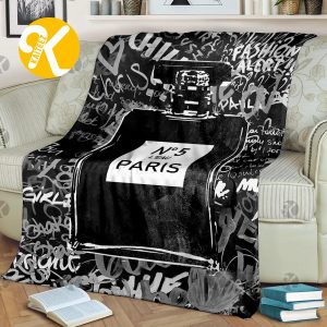 Chanel No.5 Black Perfume Bottle With Black And White Mixed Media In Black Background Blanket