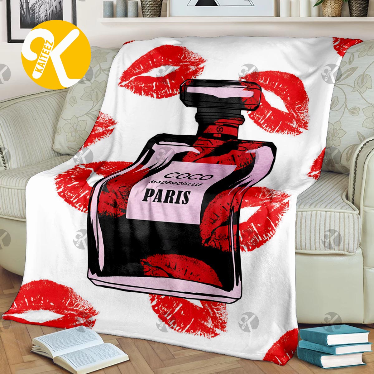 Chanel No.5 Black Perfume Bottle With Red Lips Pattern In White Background  Blanket - Kaiteez