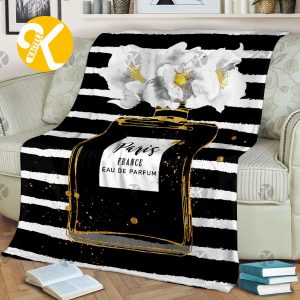 Chanel No.5 Black Perfume Bottle With White Flowers In Black And White Stripes Background Blanket