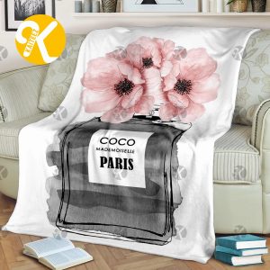 Chanel No.5 Black Watercolor Perfume Bottle With Pink Poppies In White Background Blanket