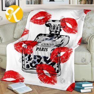 Chanel No.5 Fancy Leopard Print With Red Lips Pattern In White Background Blanket