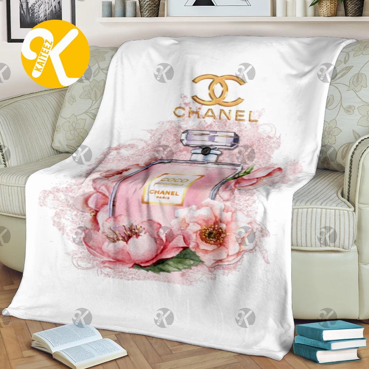 Chanel No.5 In Pink With Pink Floral In White Background Blanket - Kaiteez