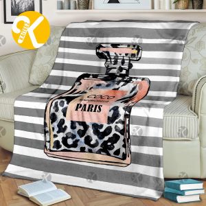 Chanel No.5 Leopard Print Perfume Bottle On Grey And White Stripes Background Blanket