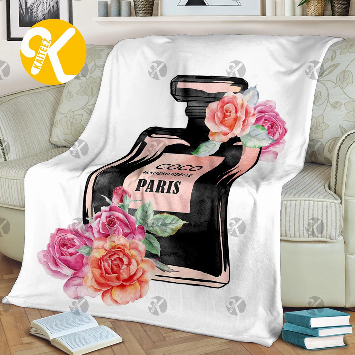 Chanel No.5 PIece Of Art Perfume Bottle With Watercolor Roses In White  Background Blanket - Kaiteez