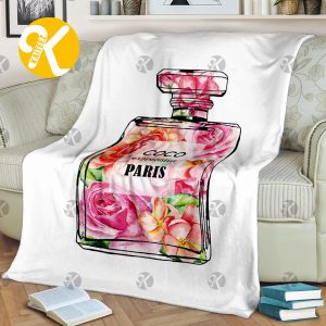 Chanel No.5 Perfume Bottle With Watercolor Colorful Roses Inside In White Background Blanket