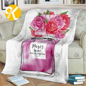 Chanel No.5 Pink And Purple Perfume Bottle With Roses In White Background Blanket
