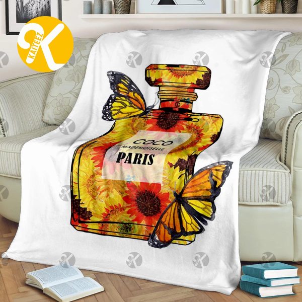 Chanel No.5 Sunflowers Perfume Bottle And Butterflies Autumn Vibe In White Background Blanket