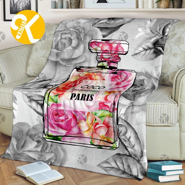 Chanel No.5 With Roses Inside Perfume Bottle In Black And White Roses Background Blanket