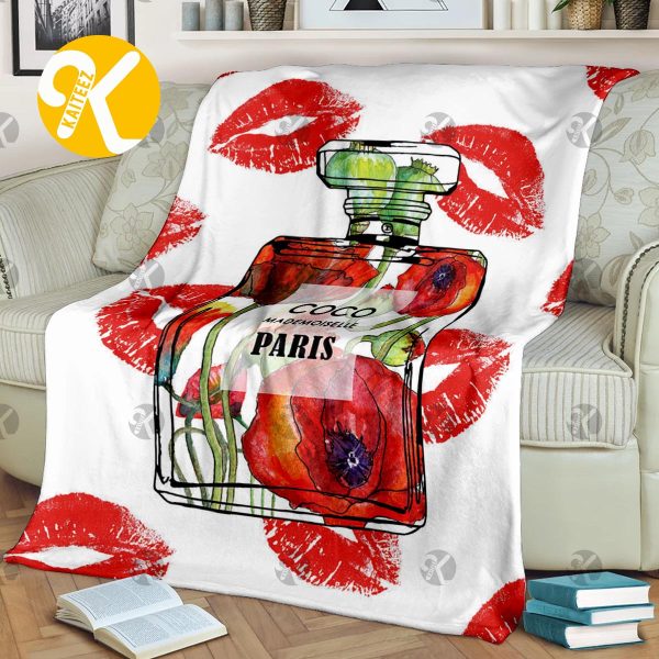 Chanel Red Poppies Perfum Bottle With Red Lips Pattern In White Background Blanket