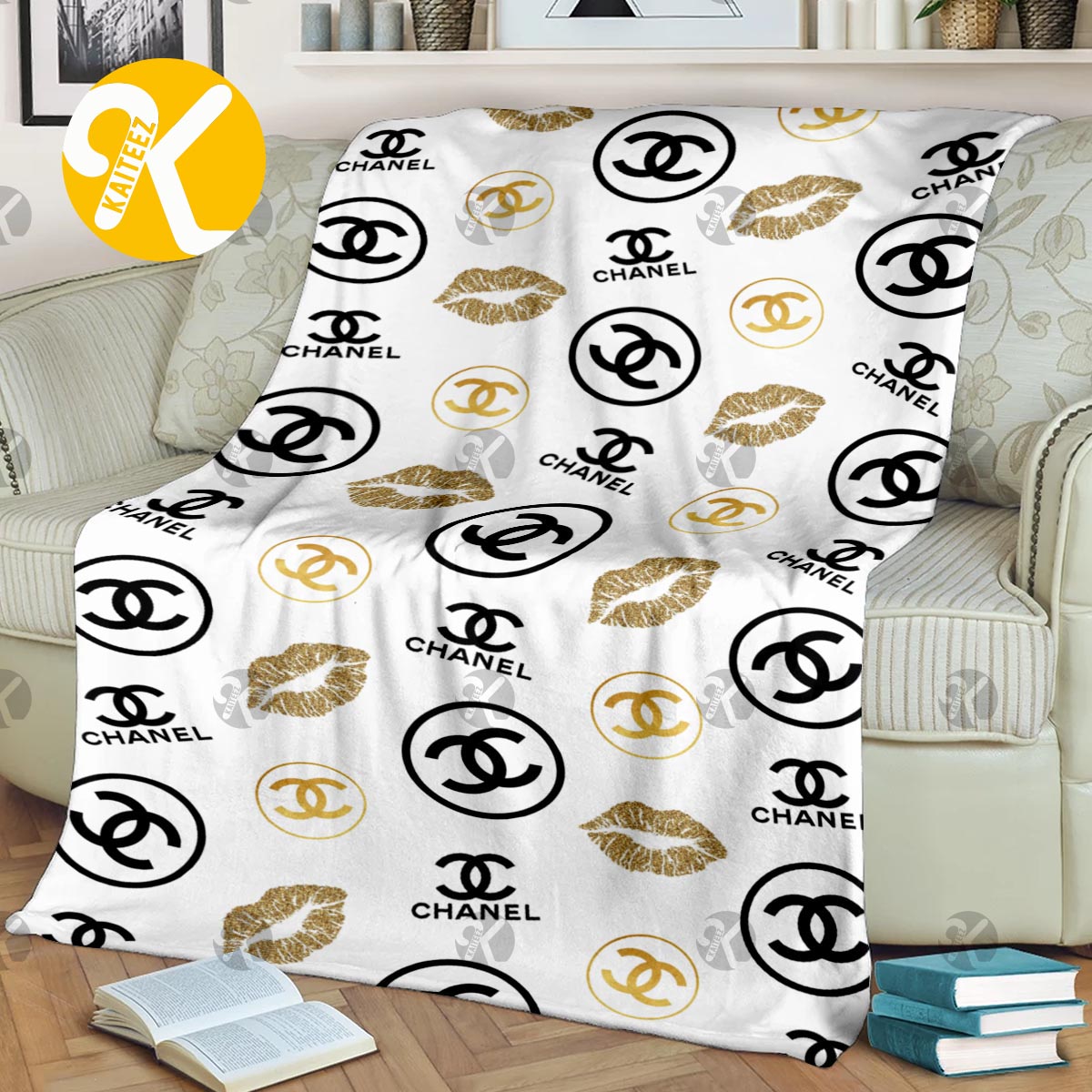 Chanel Piece Of Artwork White Roses In Perfume Bottle On Blue And Gold  Marble Background Blanket - Kaiteez