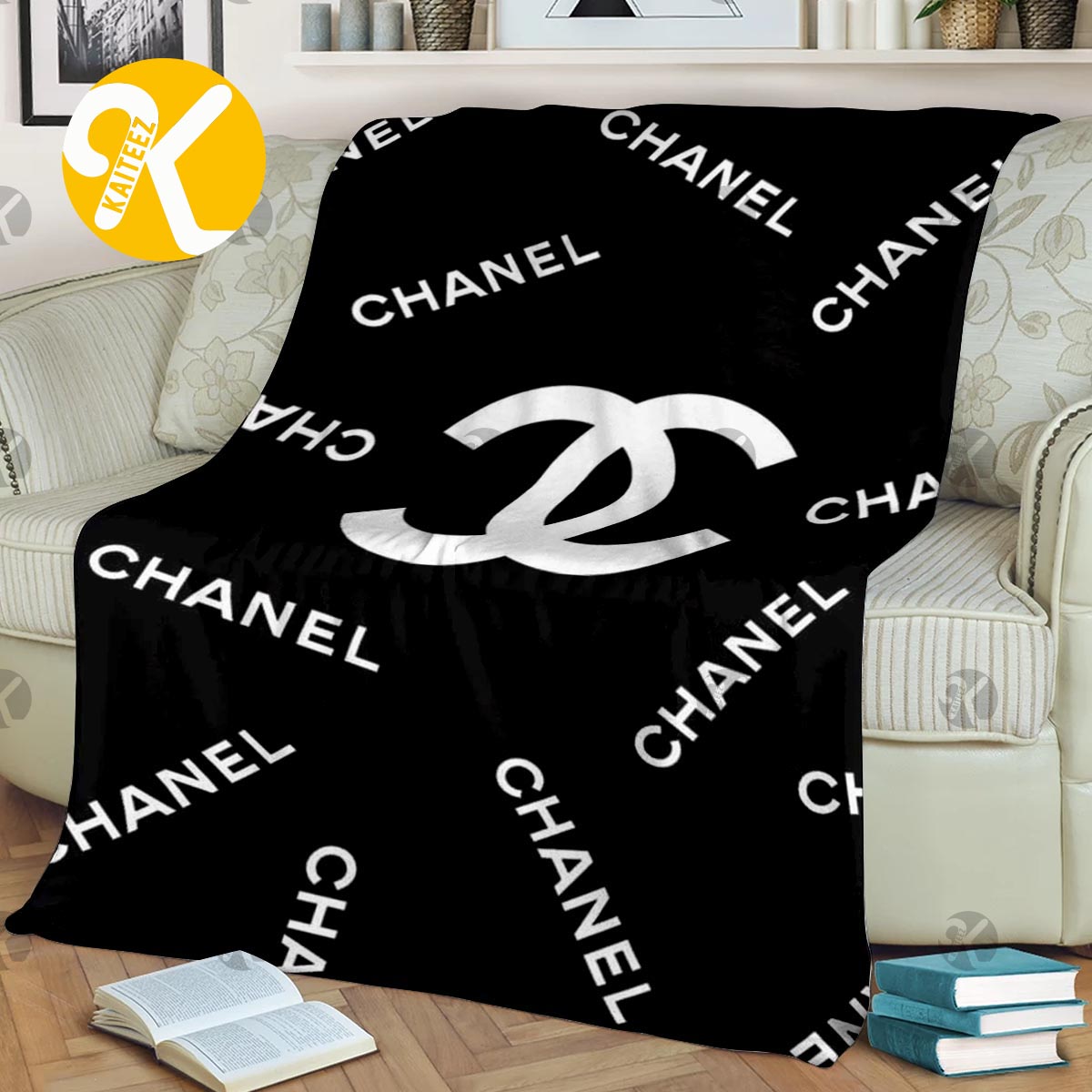 Chanel White Big Logo With Chanel Pattern In Black Background