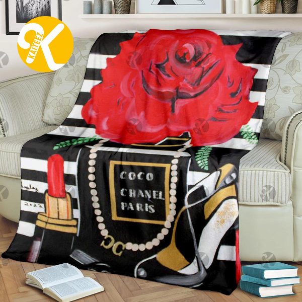 Coco Chanel Paris Fancy And Iconic Items With Big Red Roses In Black And White Stripes Background Blanket