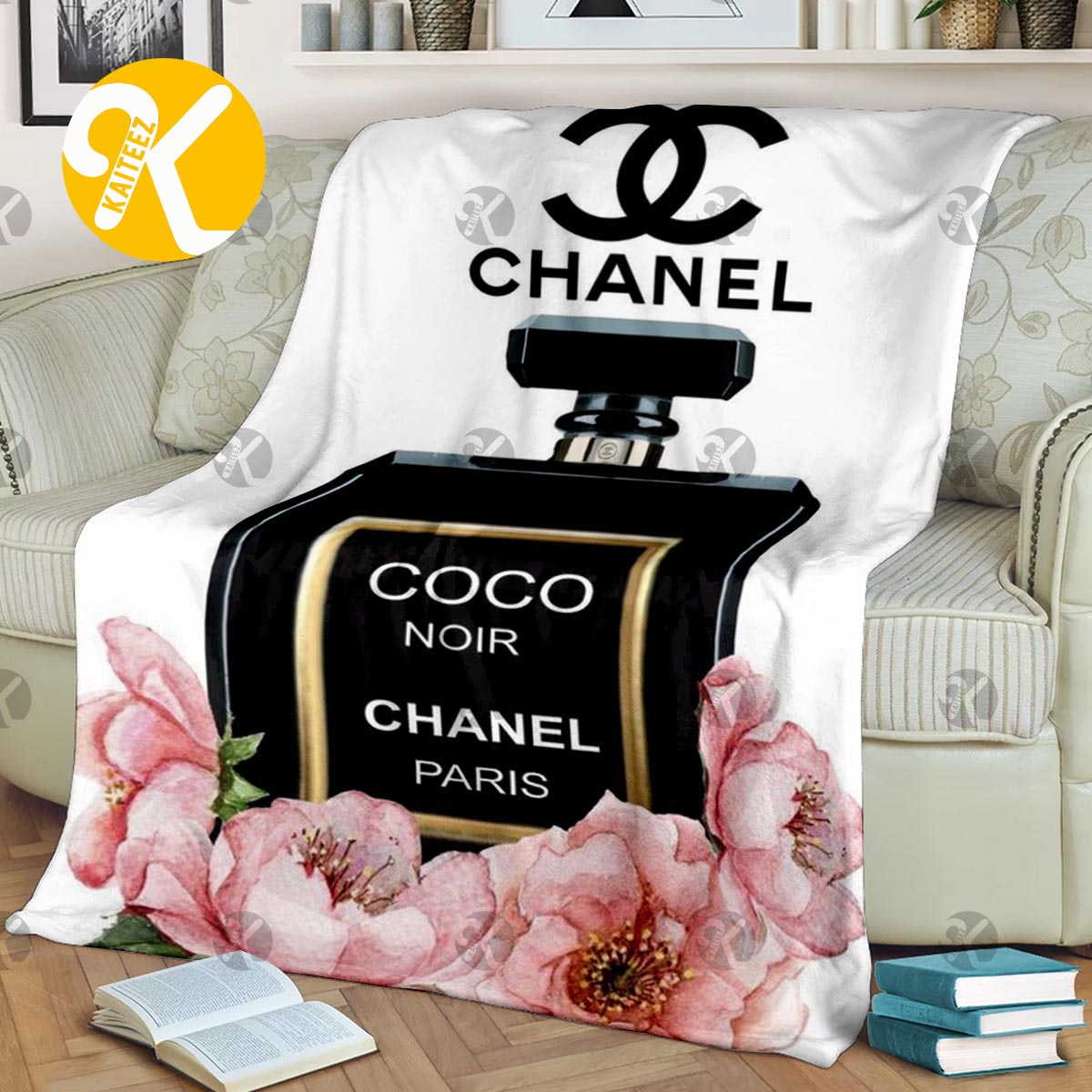 Coco Chanel Paris No.5 Black Perfume With Pink Flowers In White Background  Blanket - Kaiteez