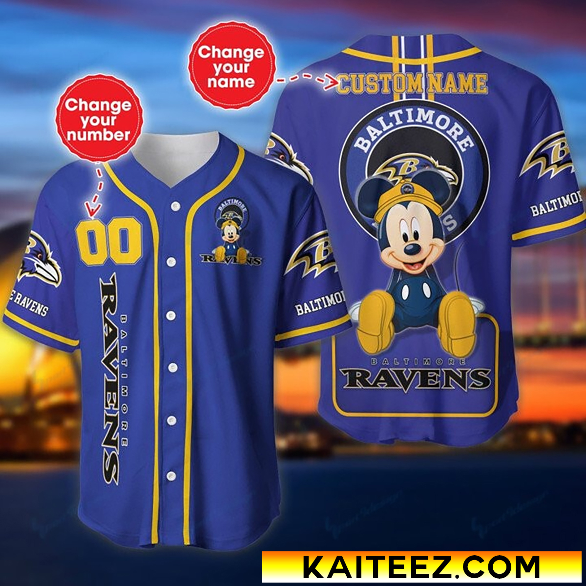 Custom Name And Number Disney Mickey Baltimore Ravens NFL Baseball Jersey