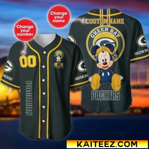 Custom Name And Number Disney Mickey Green Bay Packers NFL Baseball Jersey