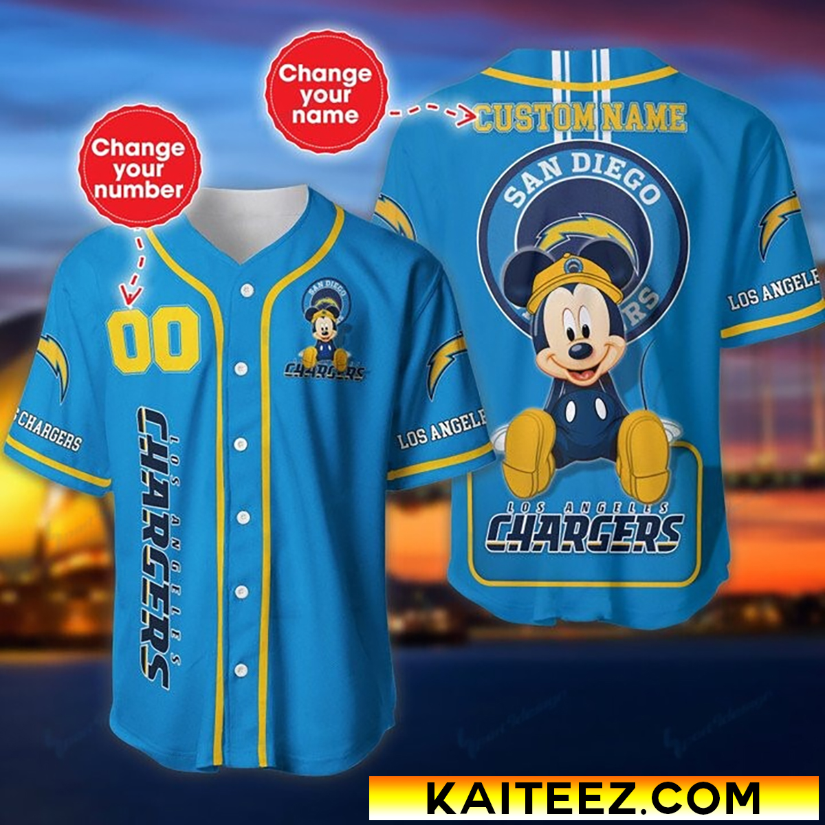 Custom Name And Number Disney Mickey Los Angeles Chargers Baseball Jersey -  Kaiteez