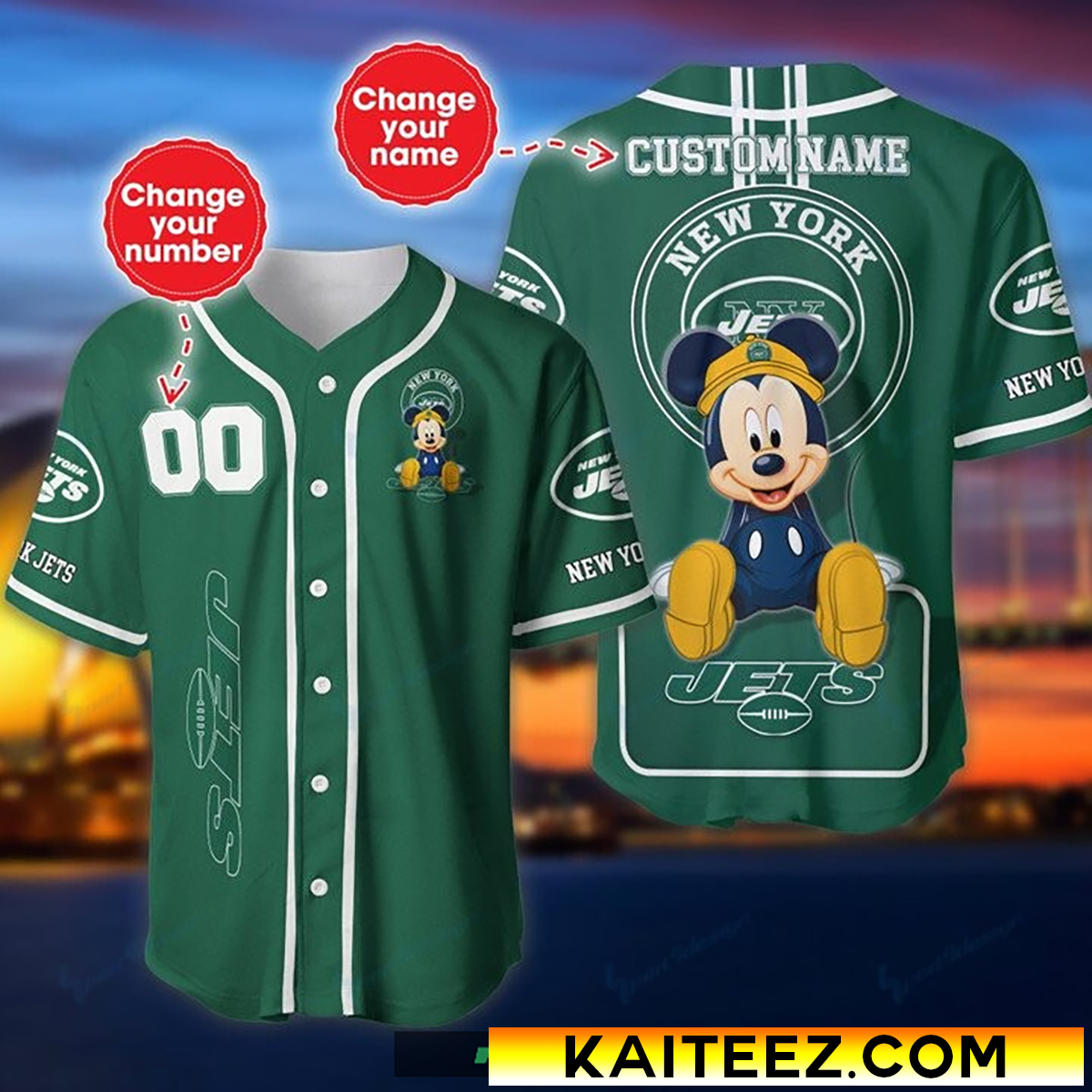 Custom Name And Number Disney Mickey New York Jets NFL Baseball Jersey