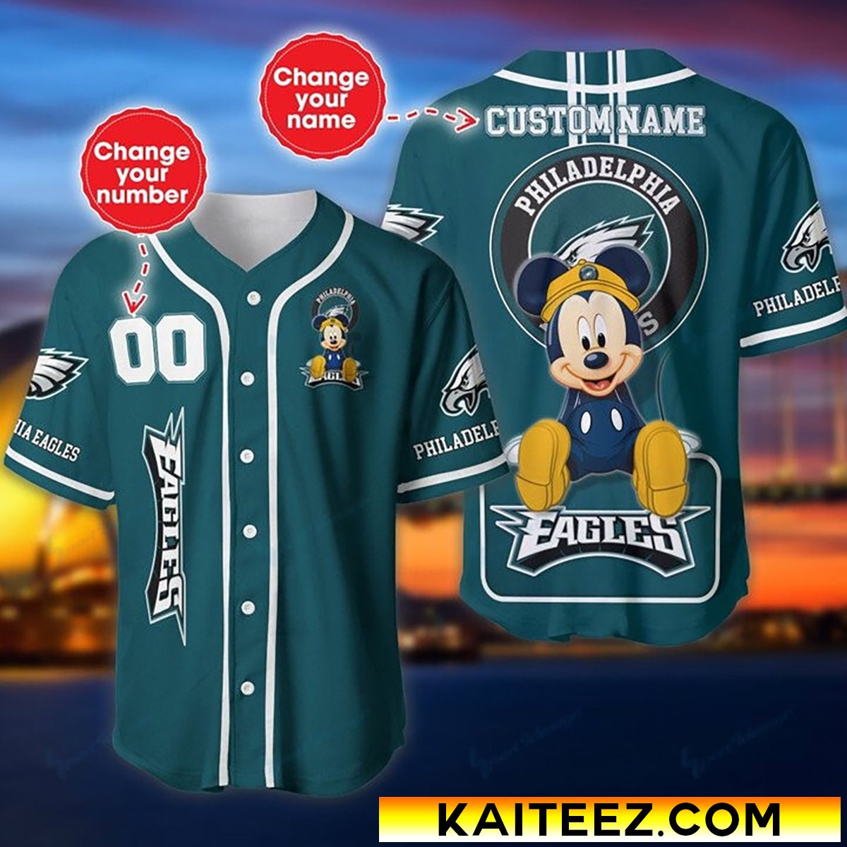 Custom Name And Number Disney Mickey Philadelphia Eagles NFL Baseball Jersey
