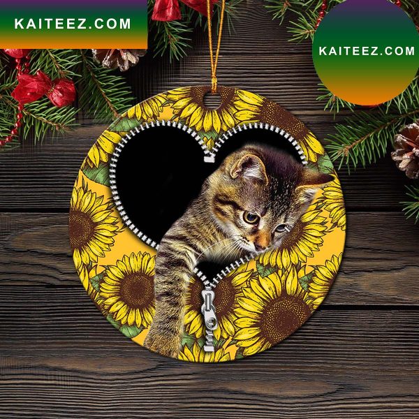Cute Cat Sunflower Zipper Mica Circle Ornament Perfect Gift For Holiday