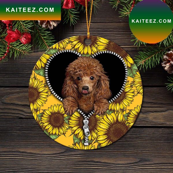 Cute Dog Poodle Sunflower Zipper Mica Circle Ornament Perfect Gift For Holiday