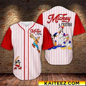Disney Mickey And Friend Play Baseball Red Line Baseball Jersey