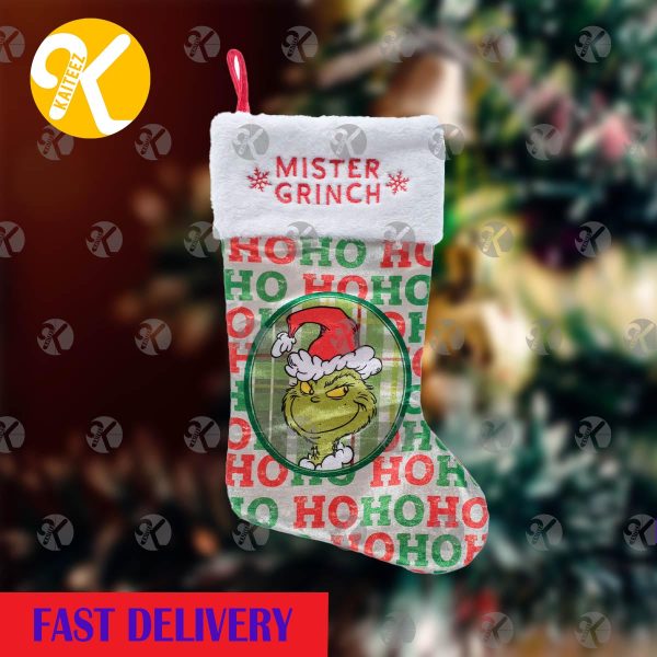 Grinch By Dr. Seuss In Hohoho Pattern Background Personalized Christmas Stocking