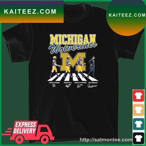 Michigan Wolverines Hassan Haskins Ronnie Bell Aidan Hutchison And Jim Harbaugh Abbey Road Signatures T-Shirt