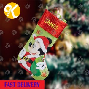Mickey Mouse Holding Stocking In Red And Green Personalized Christmas Stocking