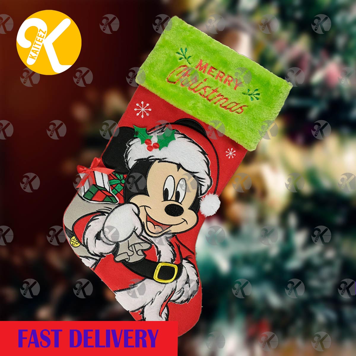 Mickey Mouse Santa Holding A Presents Bag Christmas Stocking