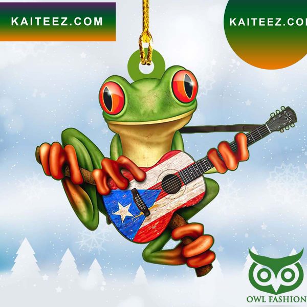 Puerto Rico with Green Frog playing Guitar in Territory Flag Pattern Christmas Ornament